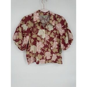 Ryegrass Linen Blouse Pink Floral Short Sleeve Button Up Women‎ Sz M NWT Org $64